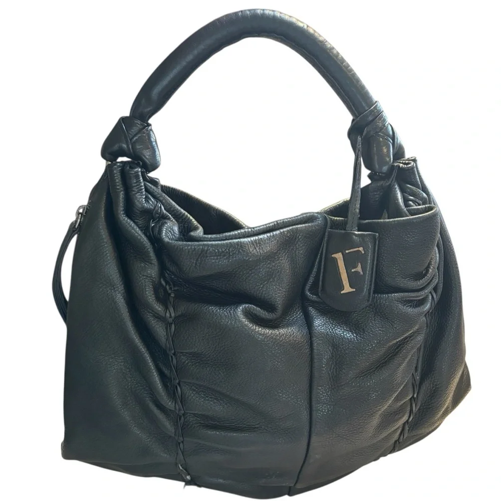 Vintage Furla REHAB Bag Black Leather Hobo Bag braided Trim magnetic snap close